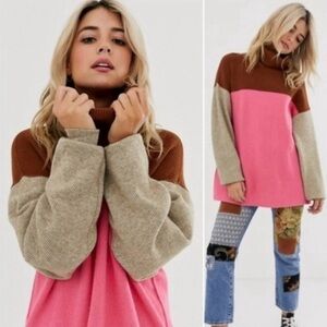 Free People Colorblock Turtleneck Sweater - Pink, Brown, Cream